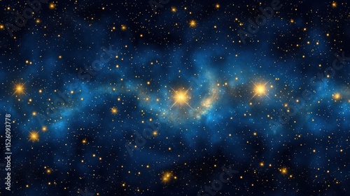 Expansive starry night sky with glowing golden stars and a swirling blue nebula casting a mystical cosmic ambiance