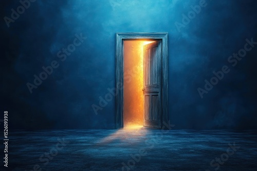 An old wooden door slightly open on a dark blue textured wall with bright warm light glowing from the doorway casting a soft shadow on the floor, evoking mystery and hope