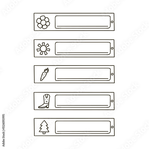 School name tag funny outline sticker set. Cute kid frame notebook name tag doodle collection. Vector hand drawn illustration