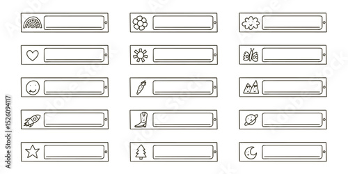 School name tag sticker outline set. Cute kid frame notebook name tag doodle collection. Vector hand drawn illustration