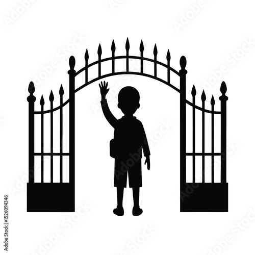 Child waving goodbye at school gate vector silhouette