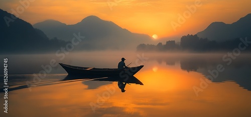 Serene sunrise reflection: A lone boatman on tranquil waters at dawn landscape