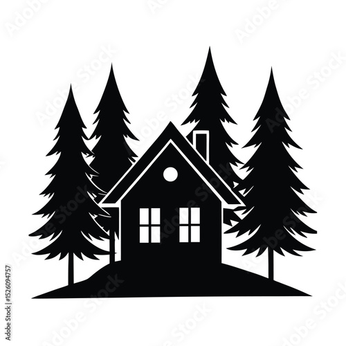 Cozy home surrounded by tall trees vector silhouette