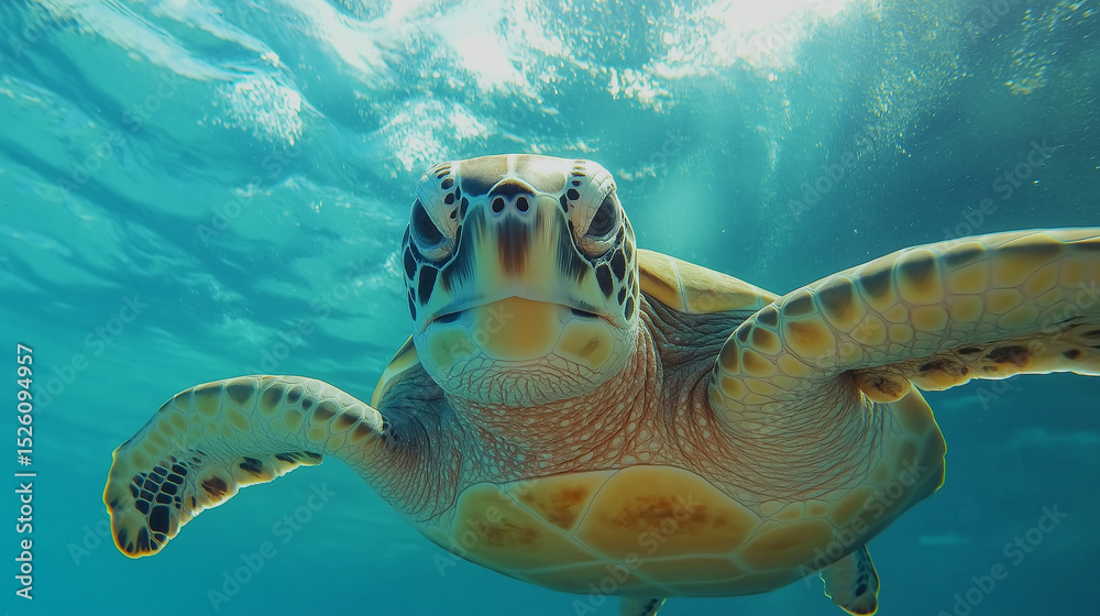Obraz premium AI generator images of Hawaiian Green Sea Turtle swimming underwater Turtle life in the coral reef Animal Behavior - Critically Endangered Hawksbill Sea Turtle (Eretmochelys imbricata)