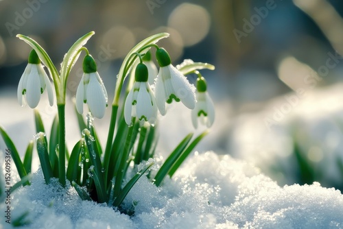 White snowdrop flowers bloom amidst fresh snow in a serene winter landscape, showcasing delicate nature's beauty during a tranquil afternoon