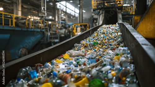 Plastic waste on conveyor belt at recycling center for industrial processing
