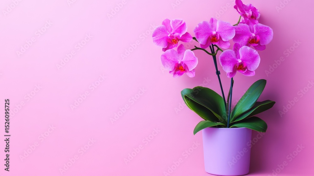 Obraz premium Artistic arrangement of orchid flowers in a two-tone cylindrical ceramic pot