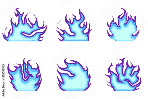 Neon Blue Purple Flame Icon Set - Futuristic Fire Elements, Fantasy Fire Icon Set – Blue and Purple Stylized Flames