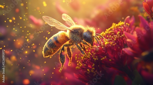 A honeybee diligently collects pollen from a vibrant red flower