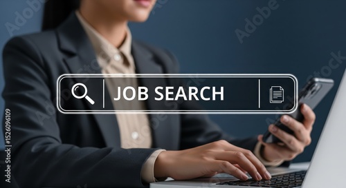 Job search and career opportunity concept. Businesswoman search for job opportunities on laptop with virtual search bar interface. 