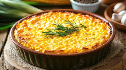 Chilean pastel de choclo corn pie in a rustic baking dish with herbs on top