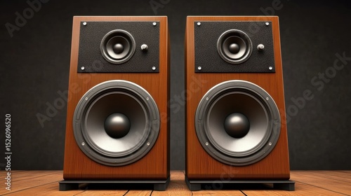 Pair of large vintage speakers in soft ambient light on a wooden platform