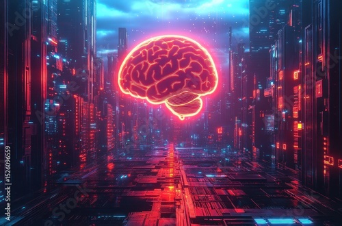 Glowing neon brain floating above futuristic digital cityscape with illuminated skyscrapers and circuit-like reflective floor in blue and red tones