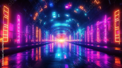 Futuristic tunnel illuminated with vibrant neon pink, blue, orange, and purple lights reflecting on glossy floor creating a glowing, immersive digital environment