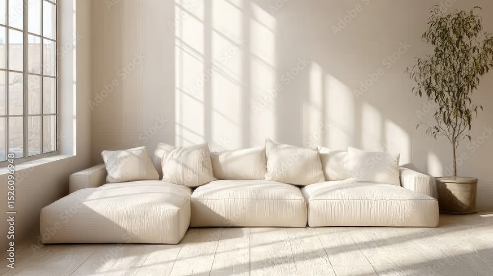 Fototapeta premium Cream minimalist couch in corner placement with large light-filled windows nearby