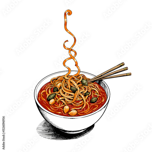 Bowl of noodles with chopsticks and steam rising above  