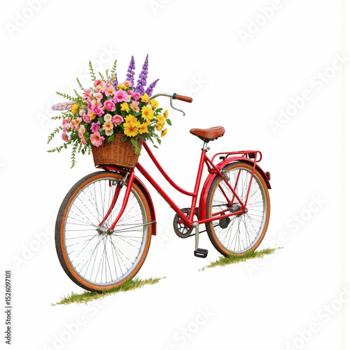 Vintage red bicycle with flower basket against white background  