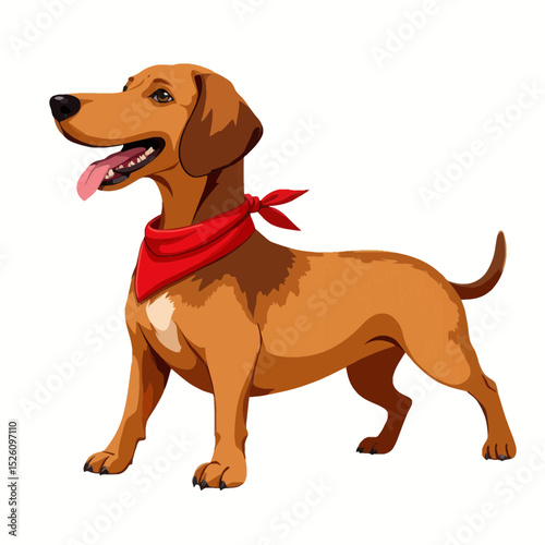 Happy dog wearing a red bandana standing with tongue out  