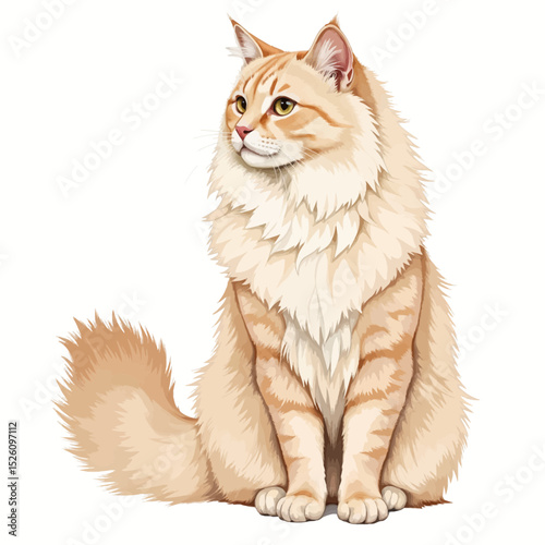 Orange cat sitting gracefully with fluffy fur in a neutral background  