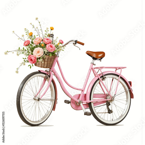 Vintage pink bicycle with flower basket on white background  
