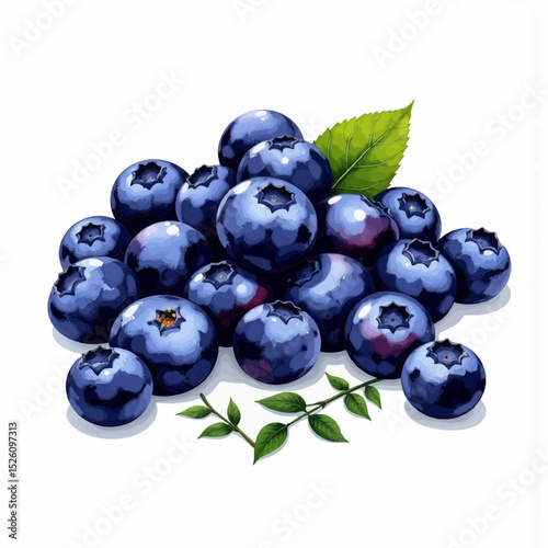 Fresh blueberries arranged with green leaves on a white background  