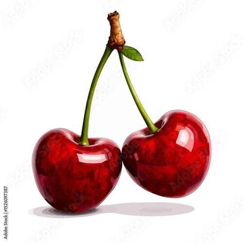 Two ripe red cherries with green leaves on white background  