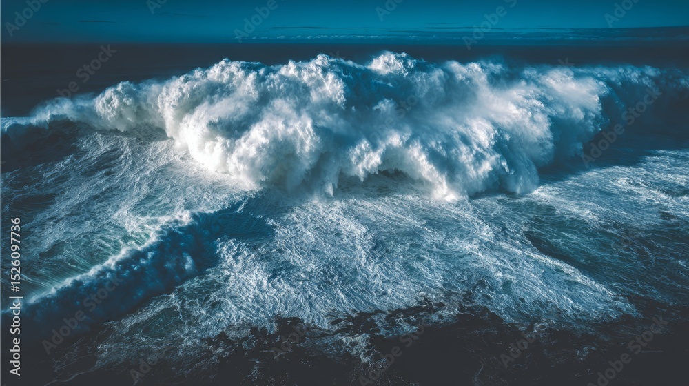 Fototapeta premium Aerial view of massive ancient tsunami waves crashing onto rocky coastline with towering dark water wall and dramatic storm clouds. Prehistoric natural disaster and extreme weather concept.