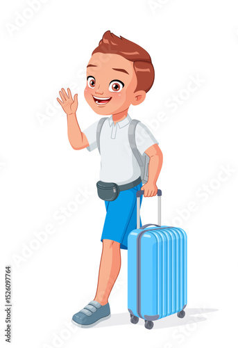Cute young boy pulling a suitcase and waving hand as he goes off on a vacation. Cartoon vector illustration.