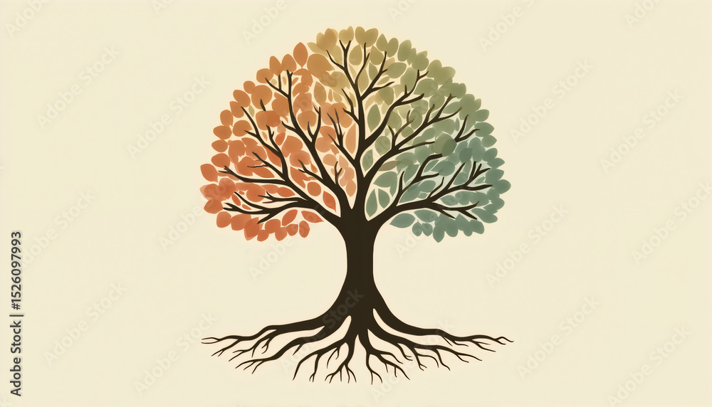 Naklejka premium Stylized tree illustration with colorful leaves and roots on a light beige background