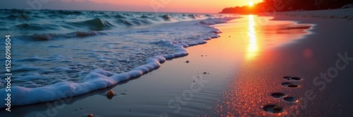 Evening tide washes over faint footprints, leaving only wet sand , shore, high tide