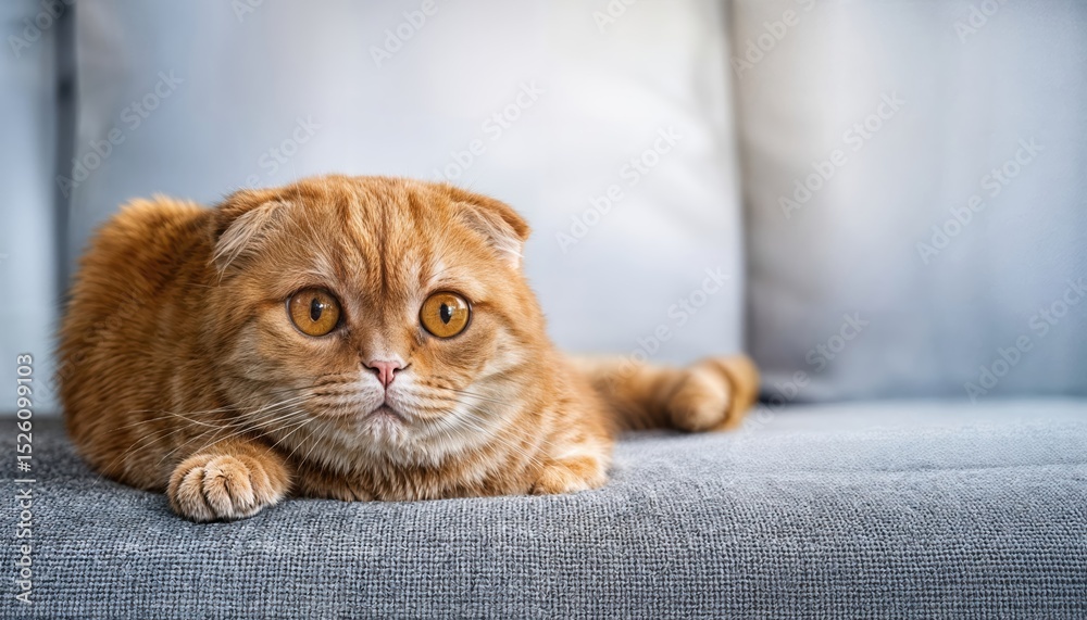 Obraz premium Grey Textile Sofa Home Sanctuary, Adorable Red Scottish Fold Cat with Orange Eyes in Warm Hues, Capturing Cozy Comfort and Playful Charm
