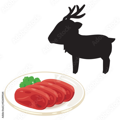 皿に盛られた鹿肉とシカのシルエットイラスト