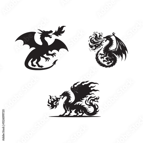 set of dragon silhouettes, blowing fire