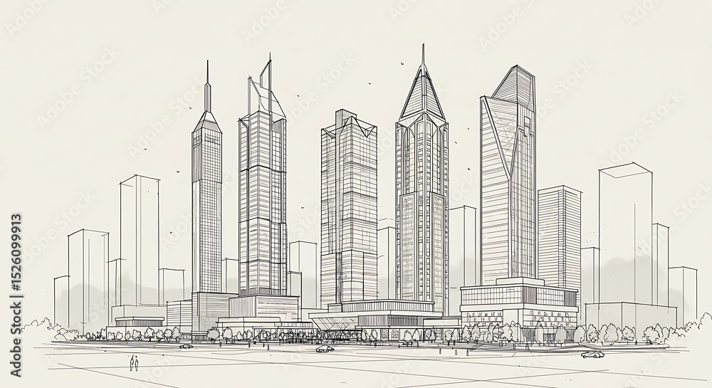 Architectural cityscape sketch towering buildings urban landscape