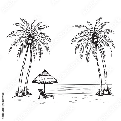 Hand drawn tropical beach scene with palm trees and lounger