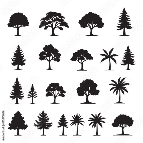 Collection of black silhouette tree icons for design
