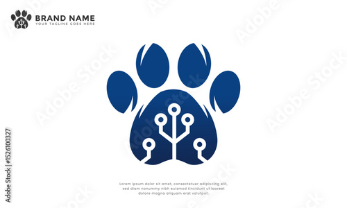 Paw tech logo. Modern logo combine paw print with digital circuit. For pet tech or app icon