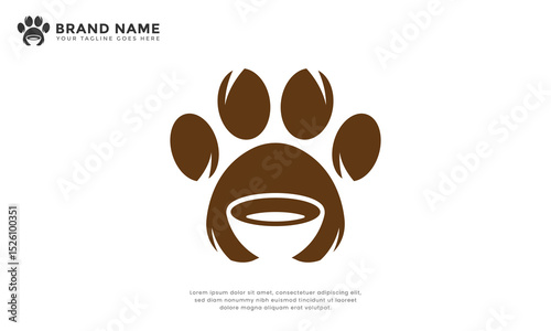 Paw food logo. Modern logo combine paw print with bowl. For animal food, shop, or care