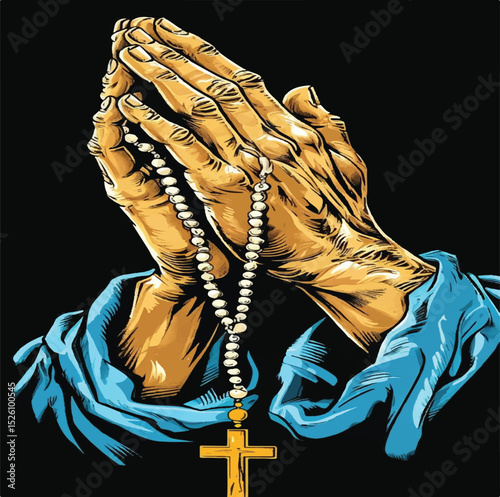 "Praying Hands with Rosary and Cross - Spiritual Illustration"