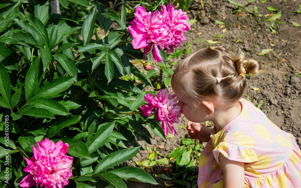Naklejka premium little girl in the garden sniffing flowers. Selective focus