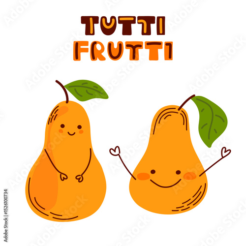 Cute cartoon pear characters. Tutti Frutti lettering. Fun summer illustration for kids, summer prints, stickers, cards, and fruit-themed designs