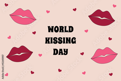 World Kissing Day. Vector horizontal illustration with lips and hearts.