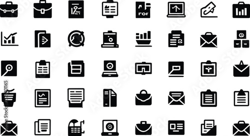 Modern business glyph icon set, vector illustration, black office symbols, communication, document, data, analytics, briefcase, email, management tools