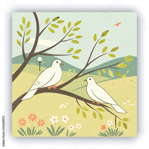 Two white doves surrounded by flowers in a soft golden light, symbolizing peace and love in a serene natural setting