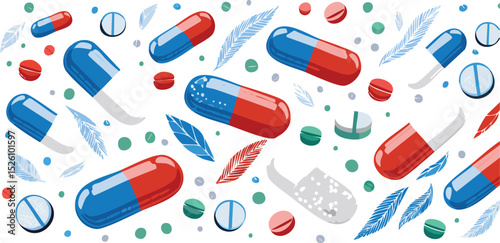 Vibrant seamless pattern showcasing colorful hand-drawn pills and capsules on white. This artistic illustration features various medical tablets and shapes, ideal for healthcare, pharmacy, or wellness