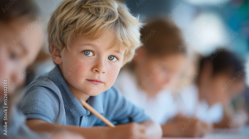 Obraz premium Children focused on homework in bright primary school classroom
