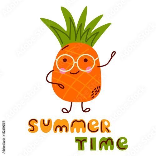 Funny cartoon pineapple with glasses. Summer Time text. Design for kids, tropical themes, greeting cards, prints, or summer decorations