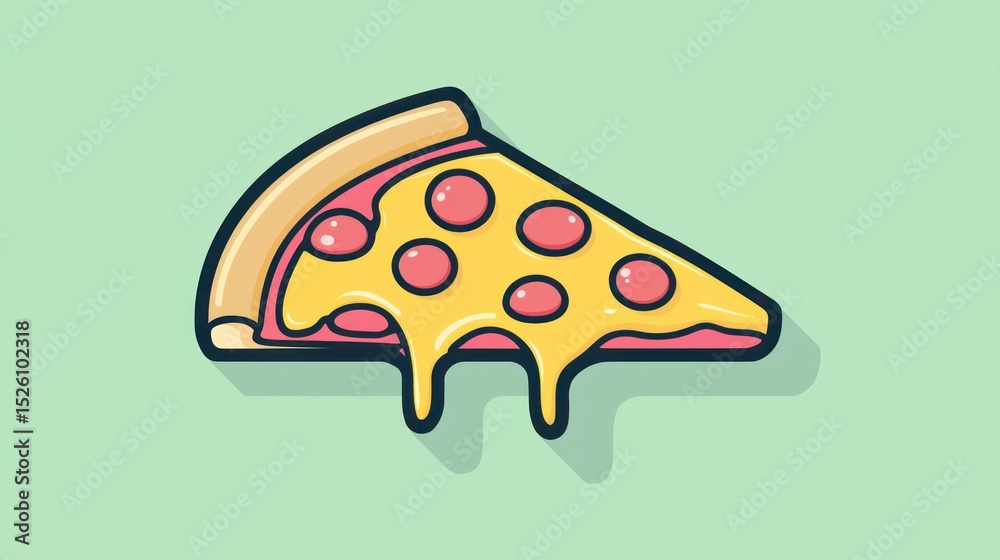 Fototapeta premium Cartoon pizza slice, melted cheese, appetizing food, simple design, for menus or digital ads