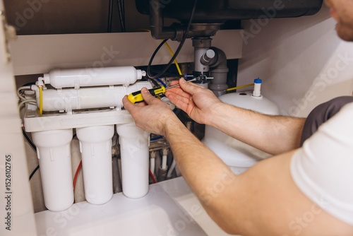 Plumber Installing Water Filter System Under Kitchen Sink