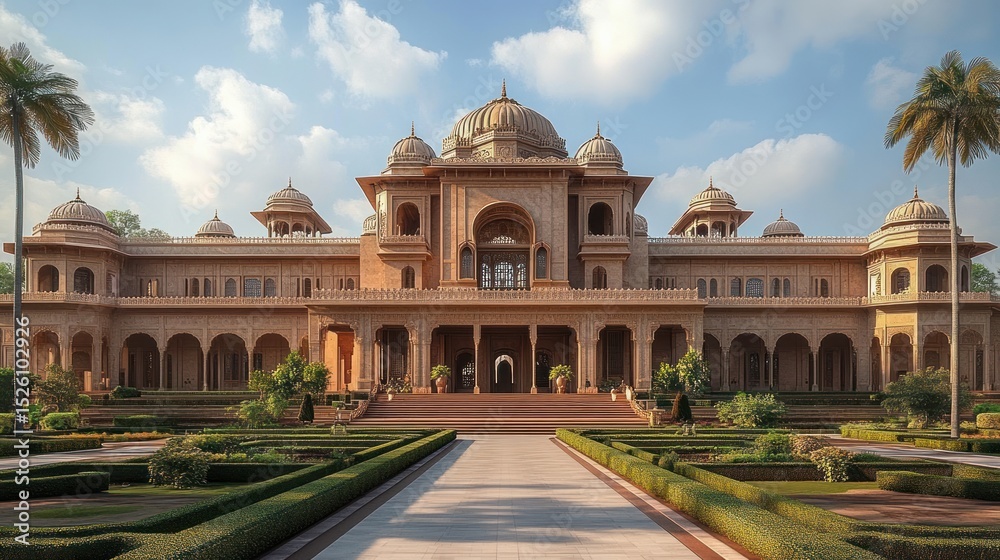 Naklejka premium large historic sandstone building with domes and arches surrounded by manicured symmetrical gardens and palm trees under blue sky with clouds